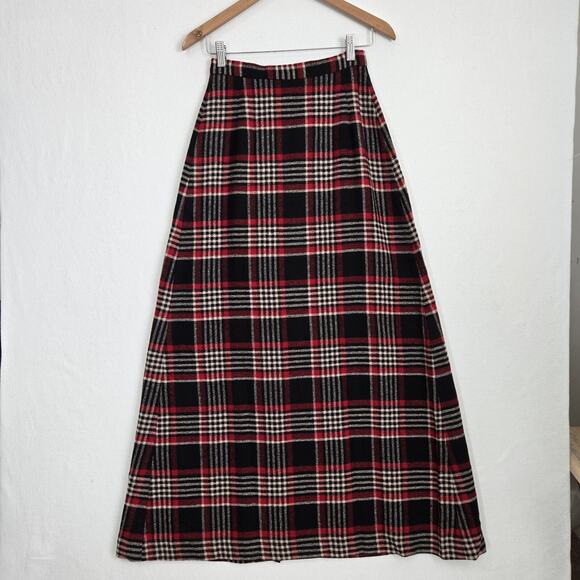 VTG Emily M Plaid Maxi Wrap Skirt Sz S* Red Black Ivory Preppy Academia READ - Picture 6 of 13